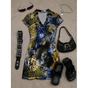 Vintage Y2K Cache Abstract Print, V-Neck, Mini Dress, Size Small